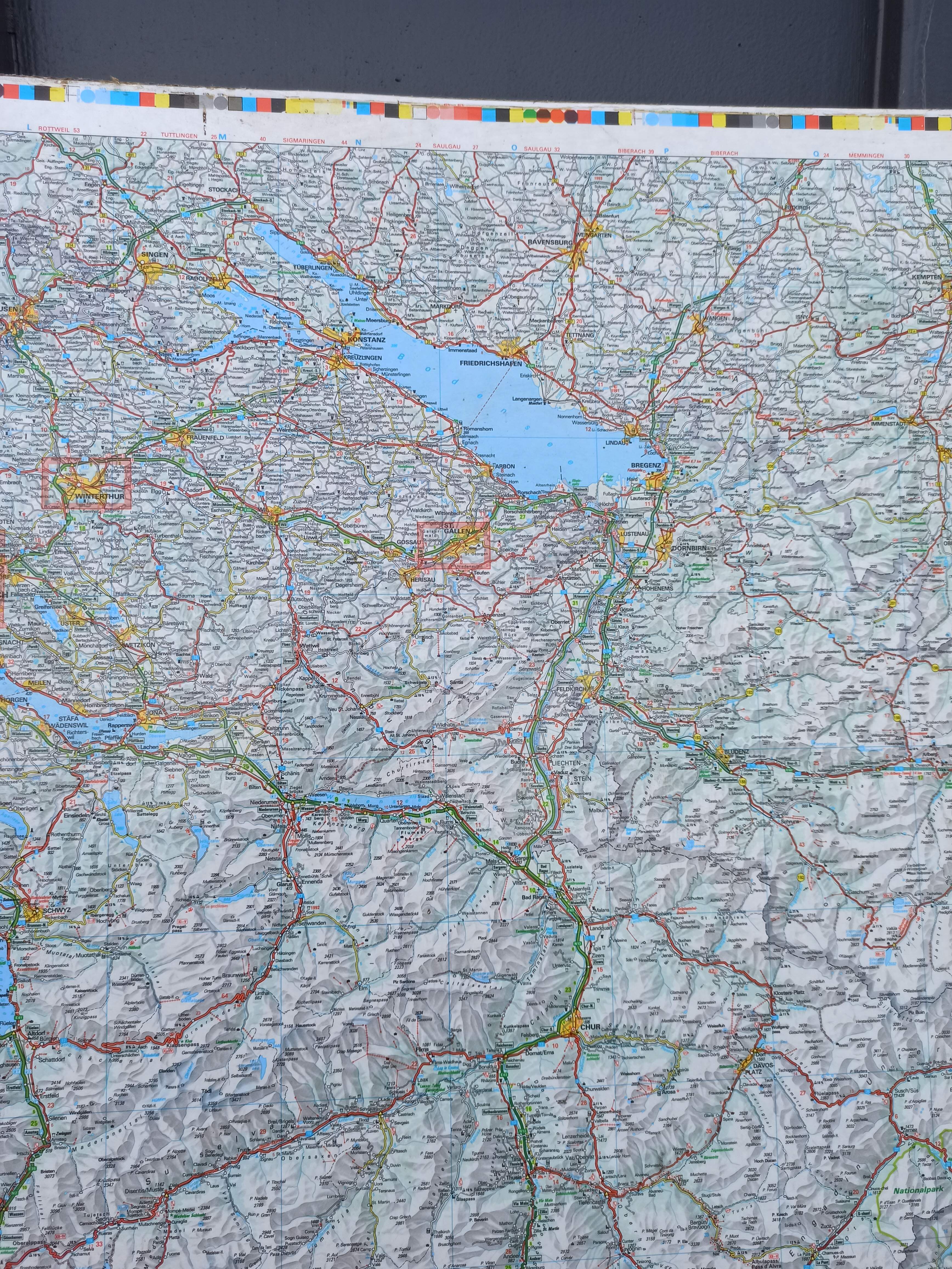 Very large Swiss road map on tole - 126 x 86.5 cm