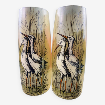 Pair of glass vases decorated with enameled herons, early 20th century, signed JEM