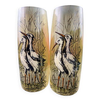 Pair of glass vases decorated with enameled herons, early 20th century, signed JEM