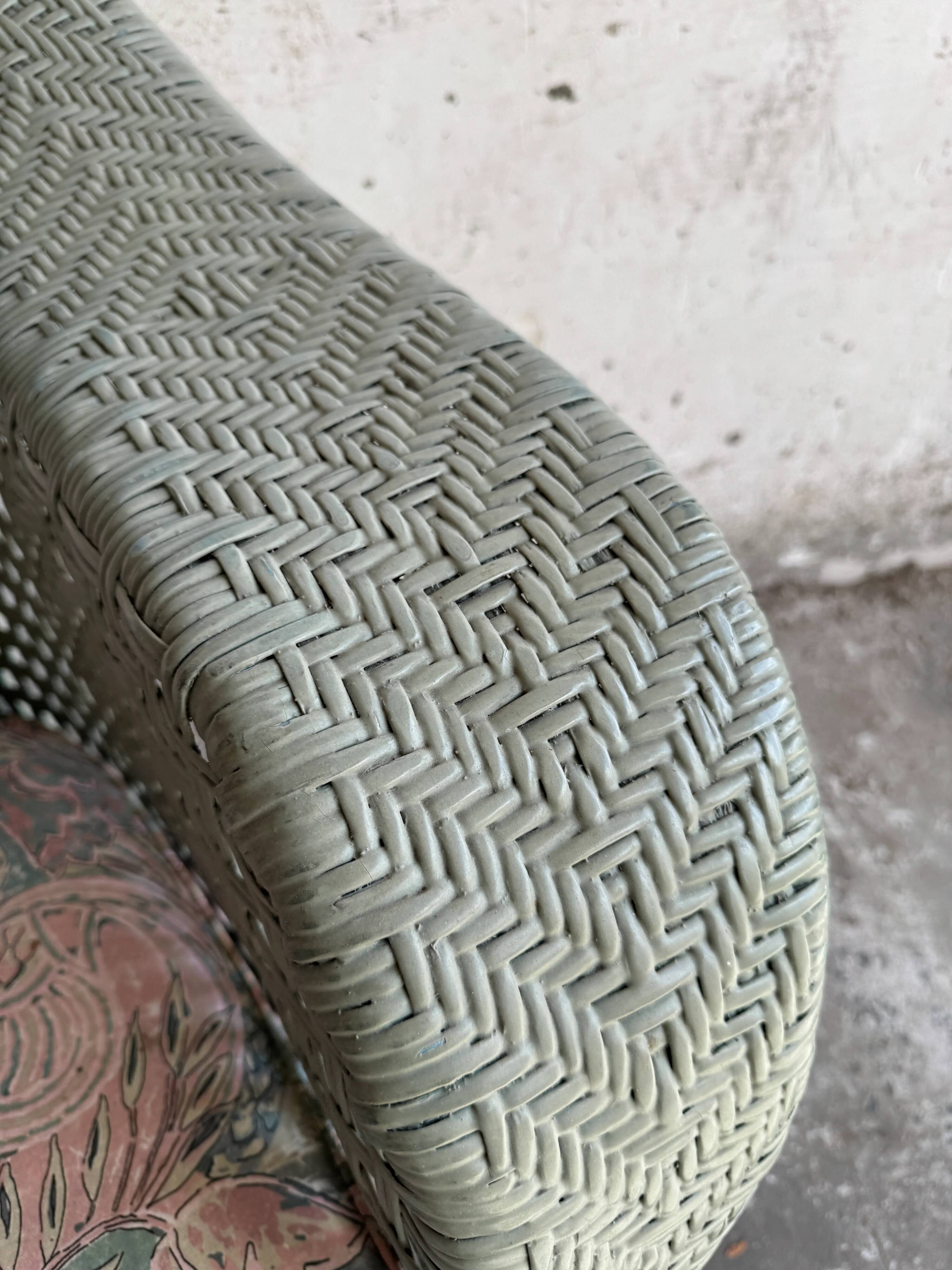 Mint Green Wicker Lounge Chair with Pastel Cotton Cushions — 1980s Coastal Revival