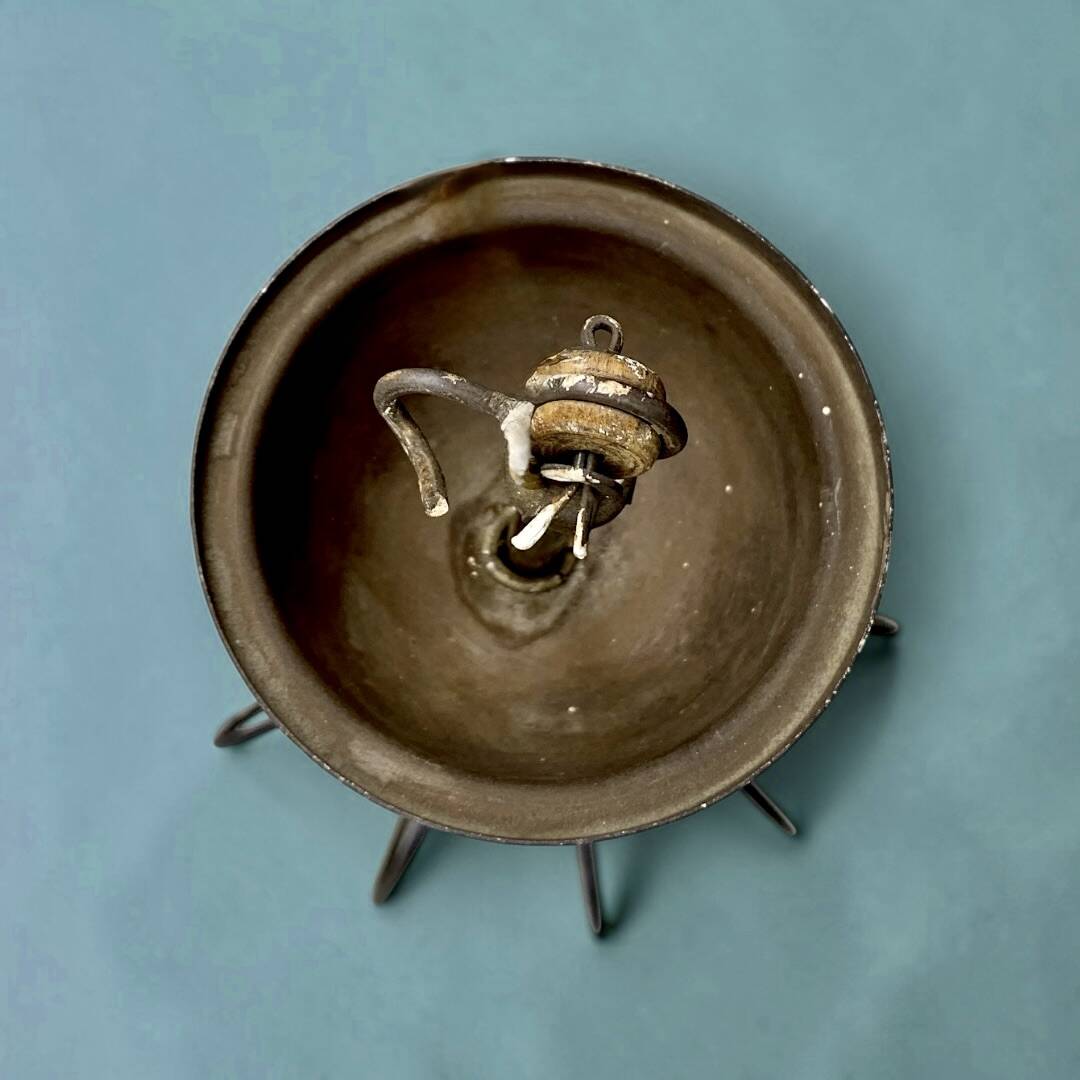 Brass suspension, black metal and striped glass attributed to Massive, 1950s.