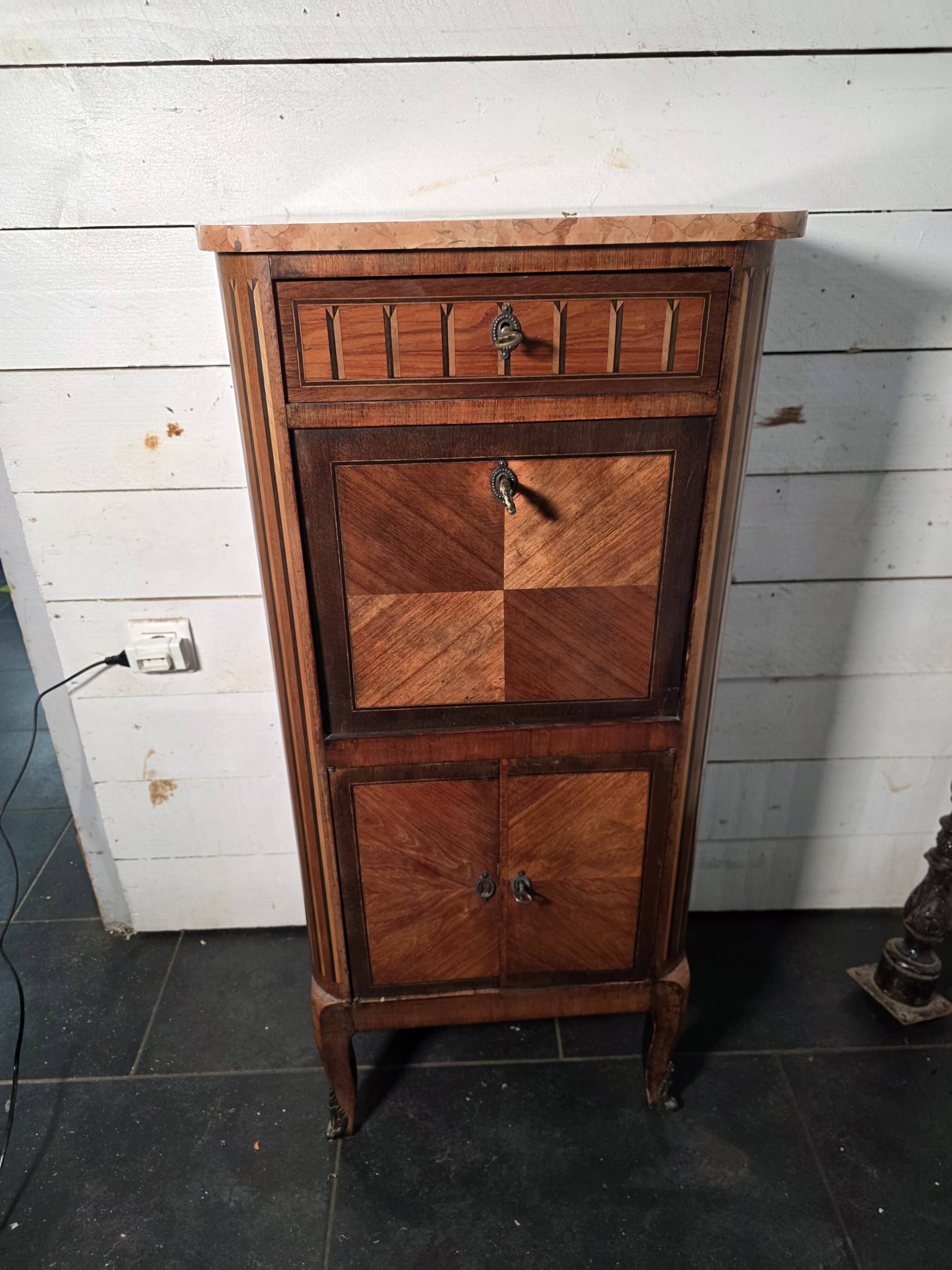 Louis XV style secretary with marquetry and marble top.