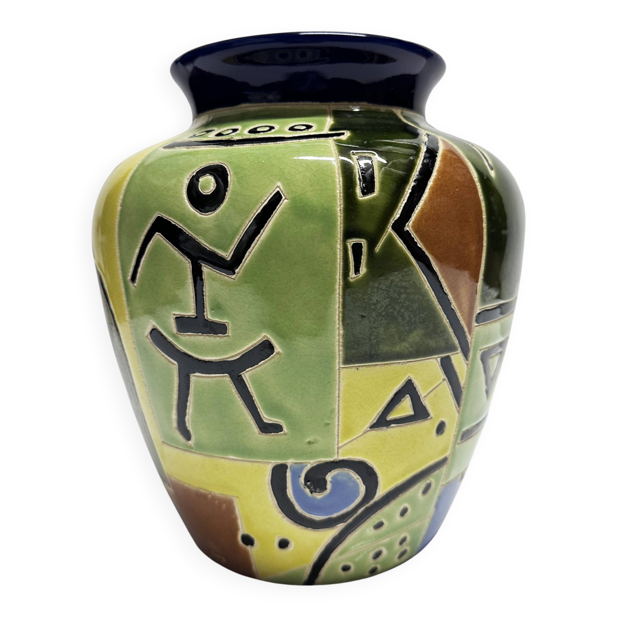 Glazed ceramic vase with Africanist decoration, France 1980s.