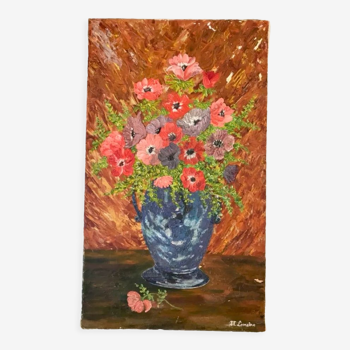 Tableau huile sur toile nature morte bouquet signé vintage