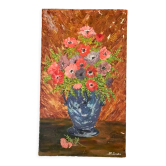 Tableau huile sur toile nature morte bouquet signé vintage