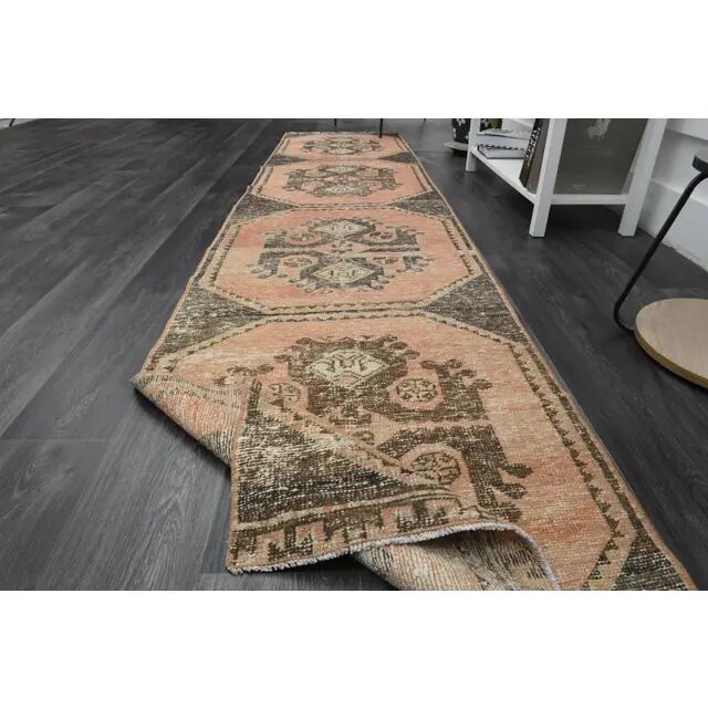 1970s Vintage Turkish Oushak Handmade Wool Cotton Orange Runner Rug 83x358