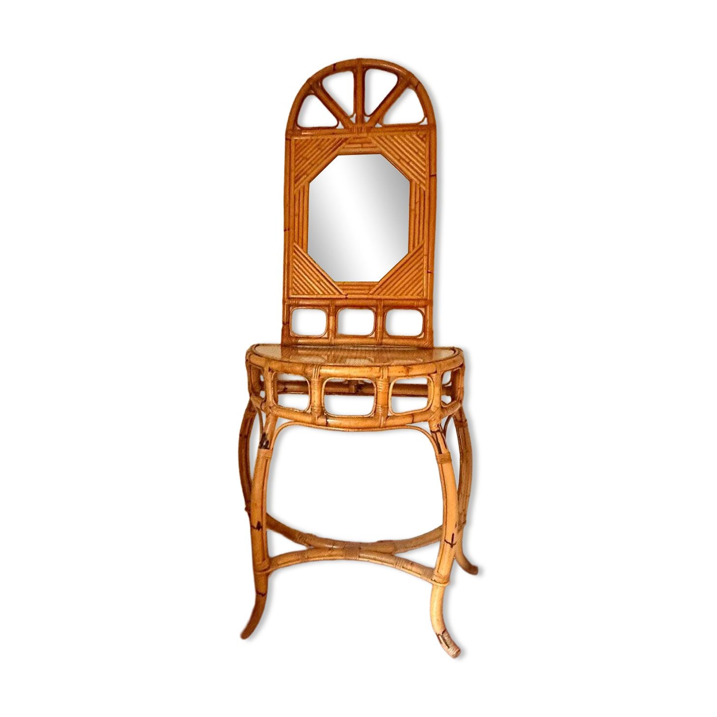 Curved half-moon console in rattan and bamboo with mirror by Vivai del Sud, Italy, 1960s.