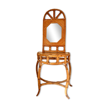 Console demi-lune arquée en rotin et bambou avec miroir de Vivai del Sud, Italie, années 60
