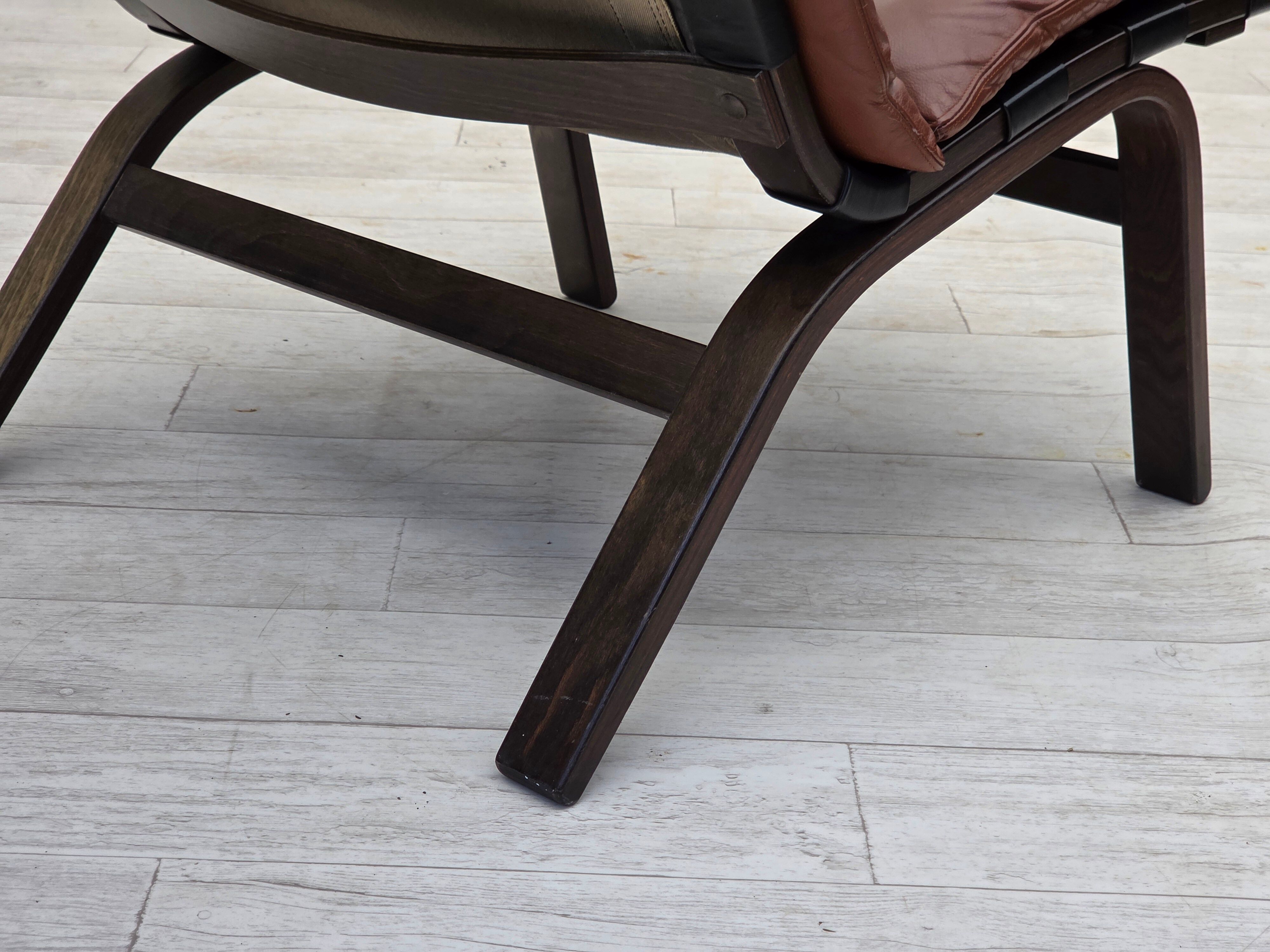 1970s, Danish loungechair by Farstrup, leather, canvas, bent wood.