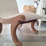 Vintage gondola armchair in beige linen fabric.