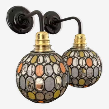 Pair of vintage multicolored faceted glass wall sconces