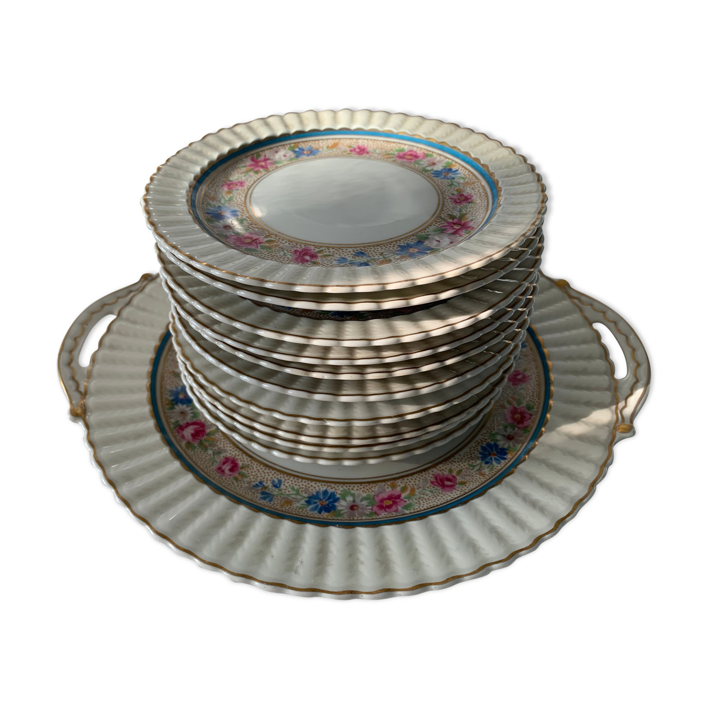 Dessert service 10 plates and a Bernardaud Limoges porcelain cake dish