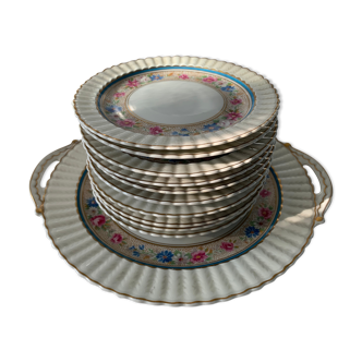 Dessert service 10 plates and a Bernardaud Limoges porcelain cake dish