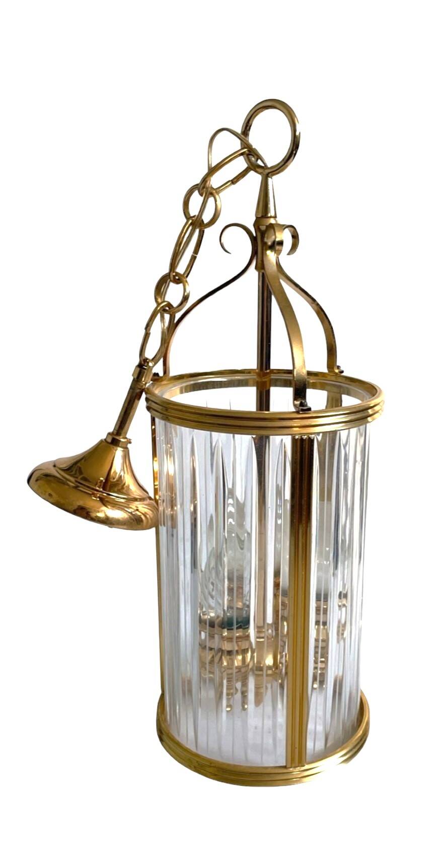 Vintage lantern chandelier in brass and crystal - 3 lights