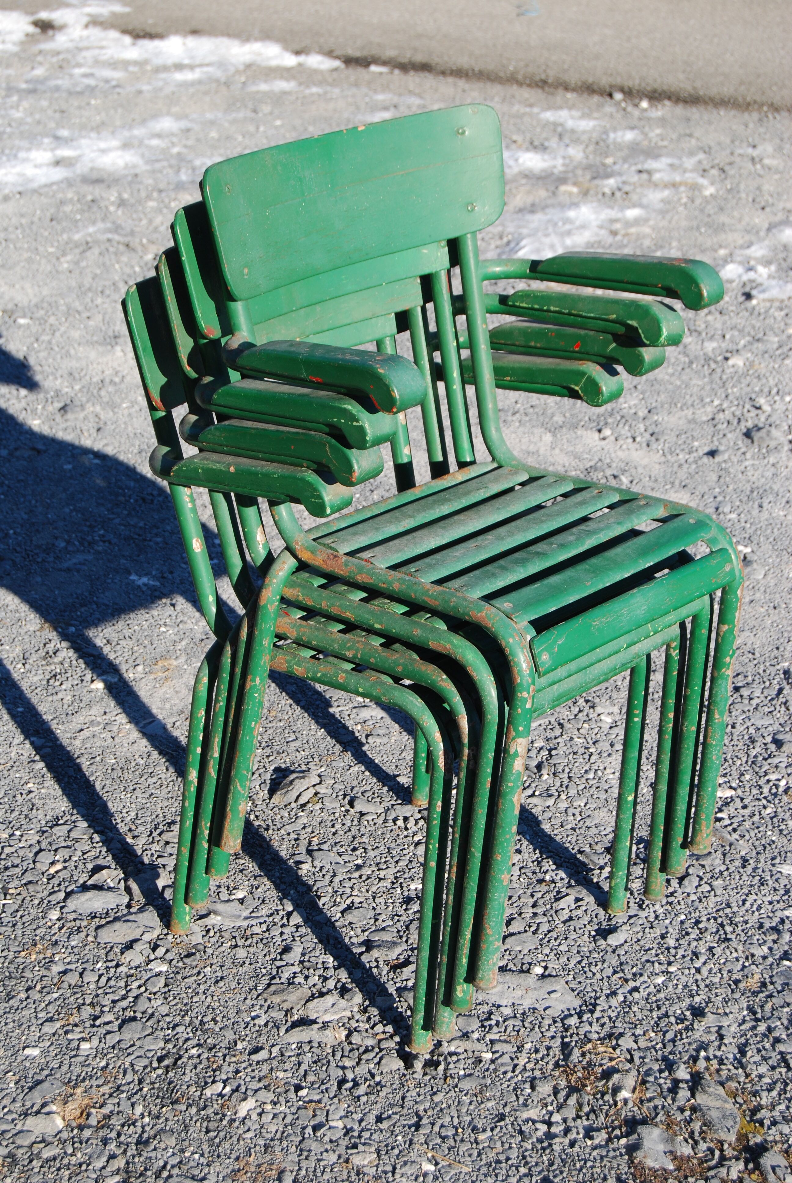 4 stackable garden armchairs wooden slats and metal tubes from the 50s