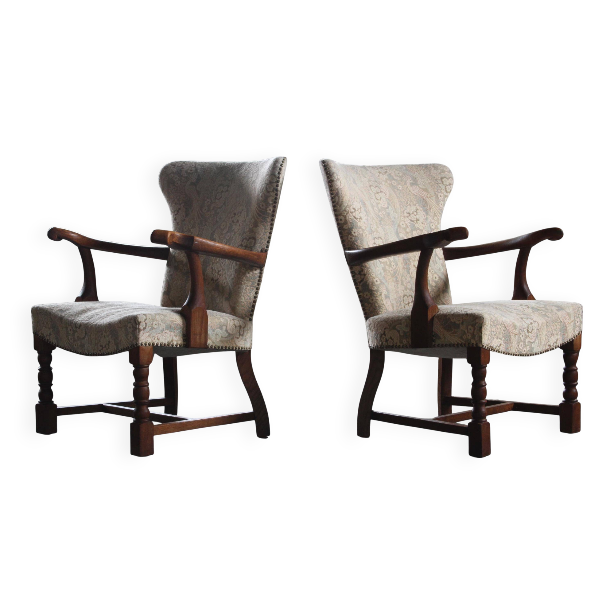 Vintage Danish Art Deco Pair of Armchairs in Solid Oak - 1940s