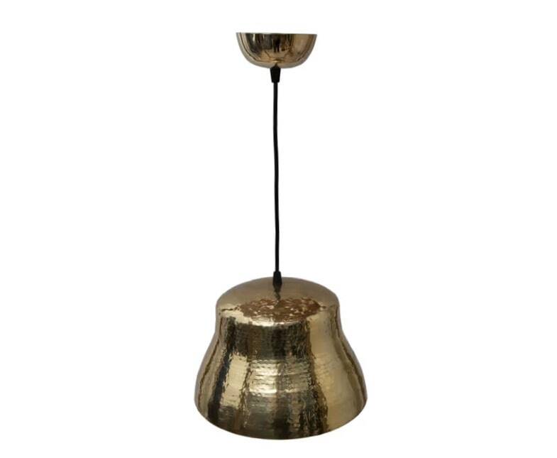 Industrial pendant lamp in the shape of a hammered copper bell.