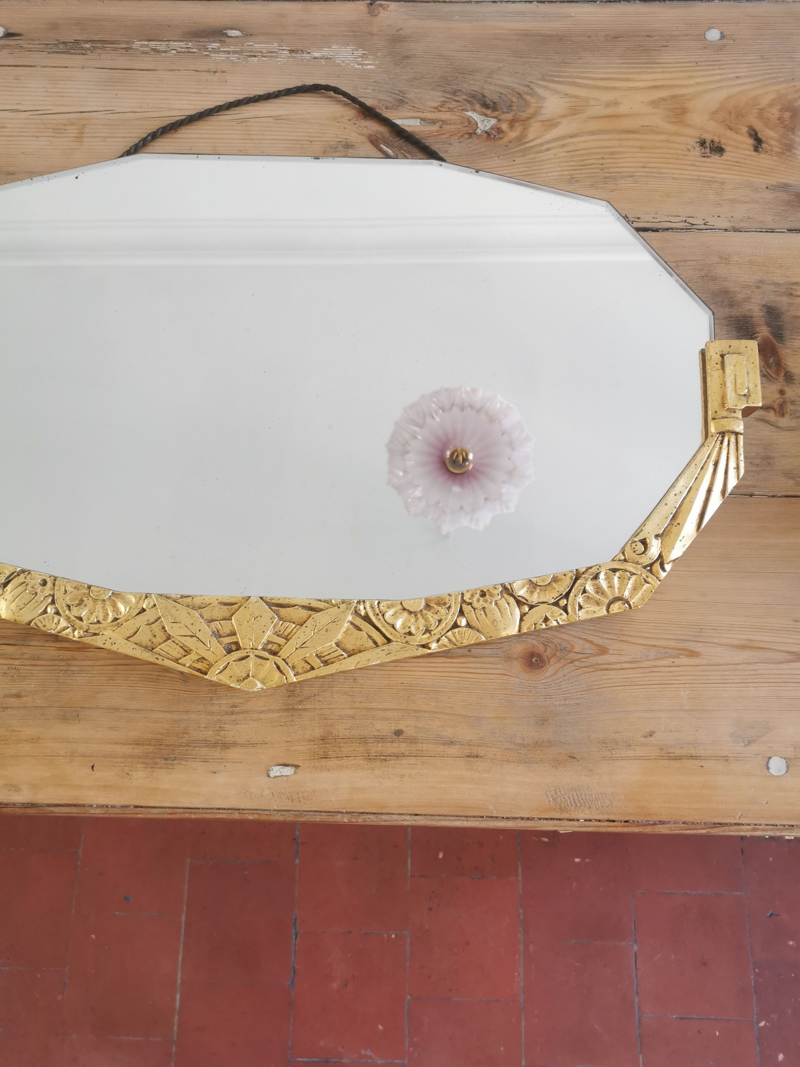 Golden Art Deco beveled mirror 65x38cm