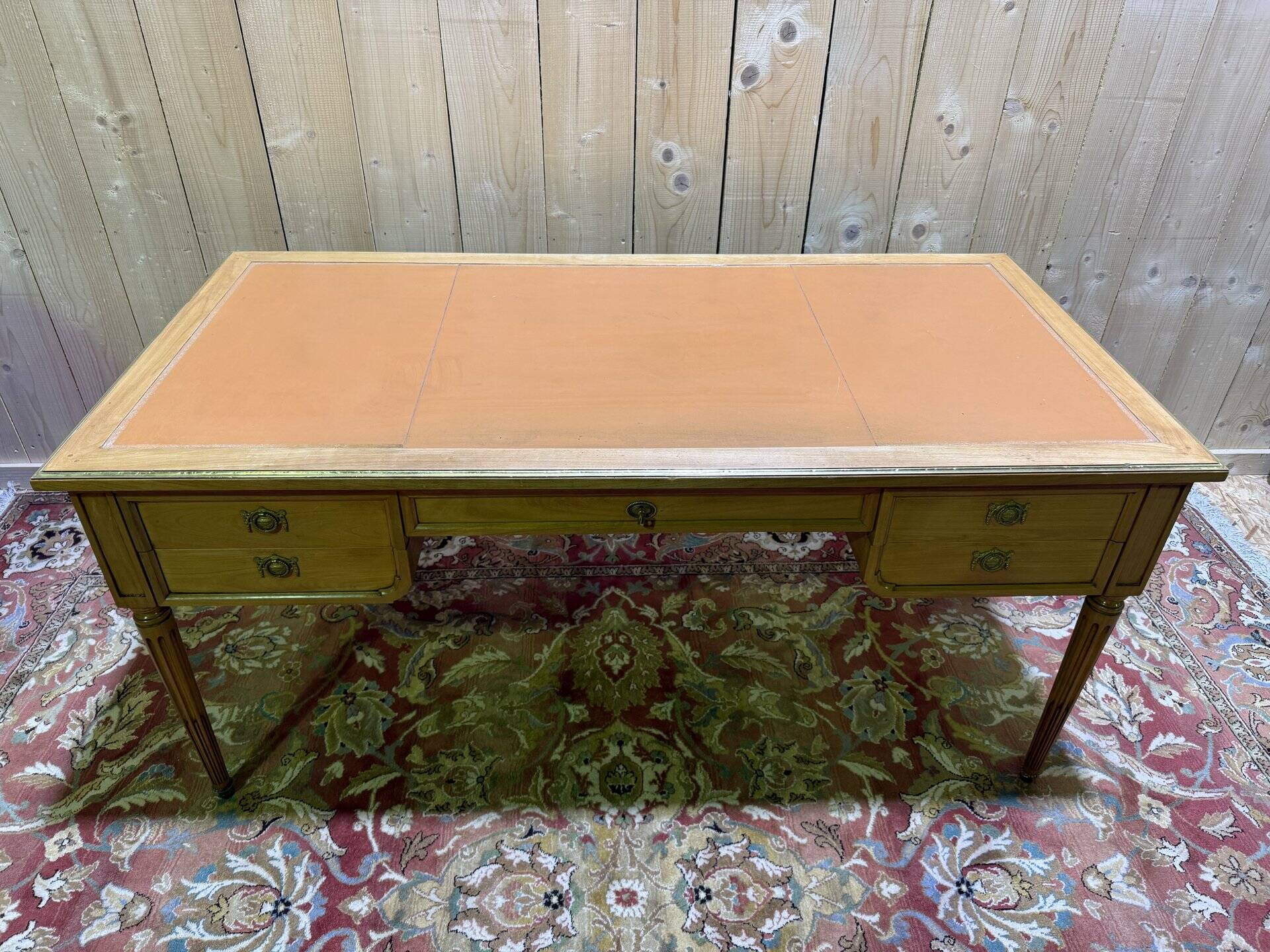 Louis XVI style flat desk in cherry wood and leather