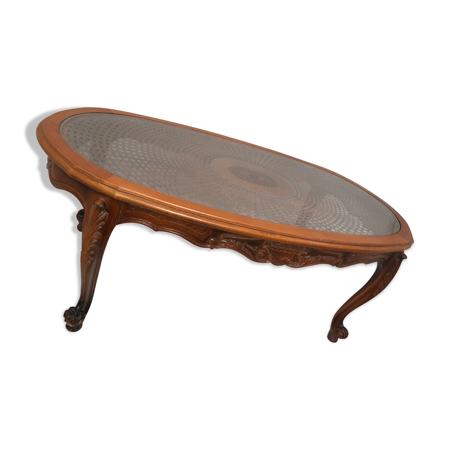 Cherry coffee table with cane top and vintage glass