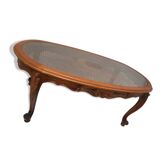 Table basse merisier plateau cannage et verre vintage