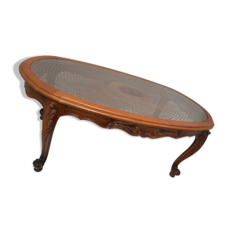 Table basse merisier plateau cannage et verre vintage