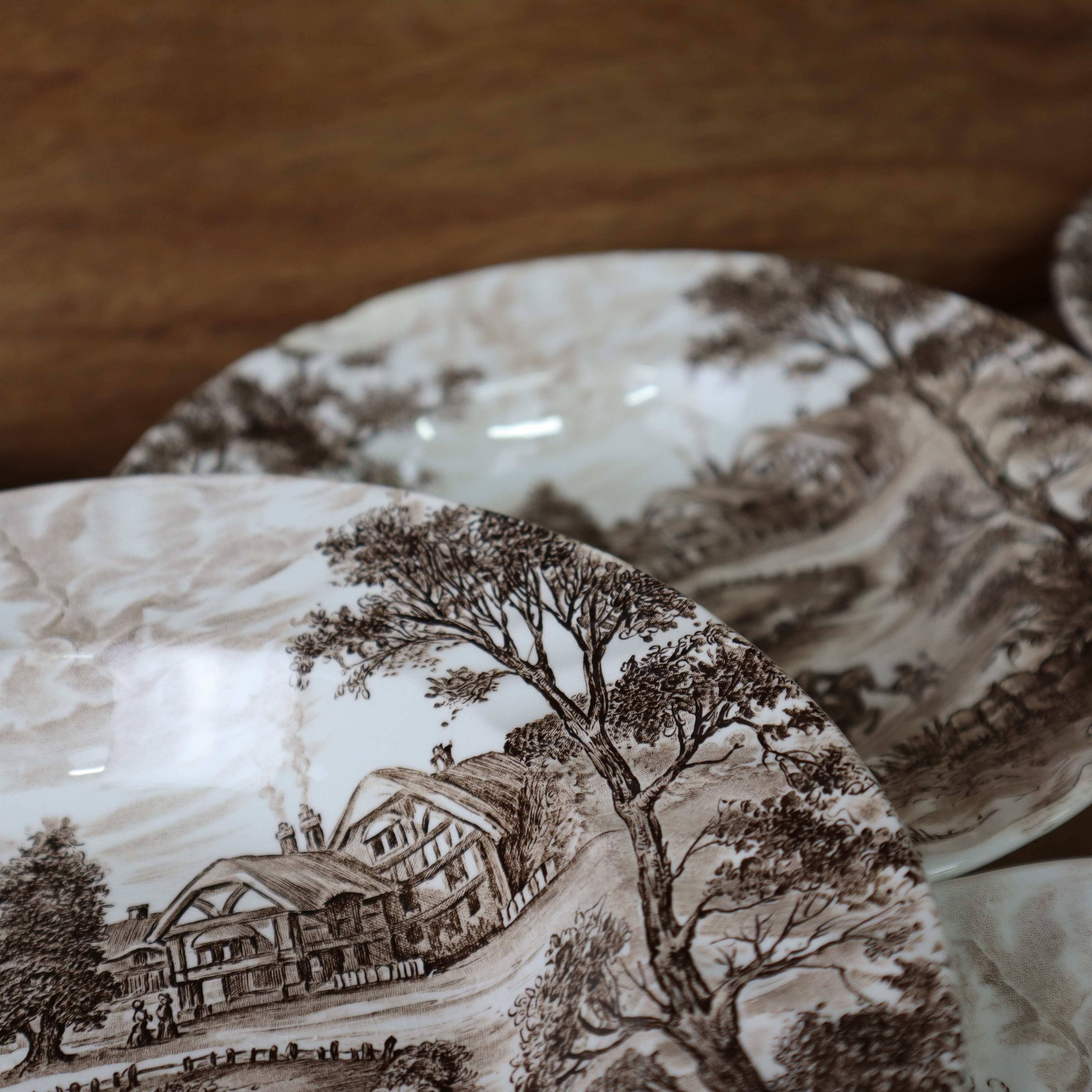 Set of 7 vintage English Staffordshire 'HAYRIDE' soup plates