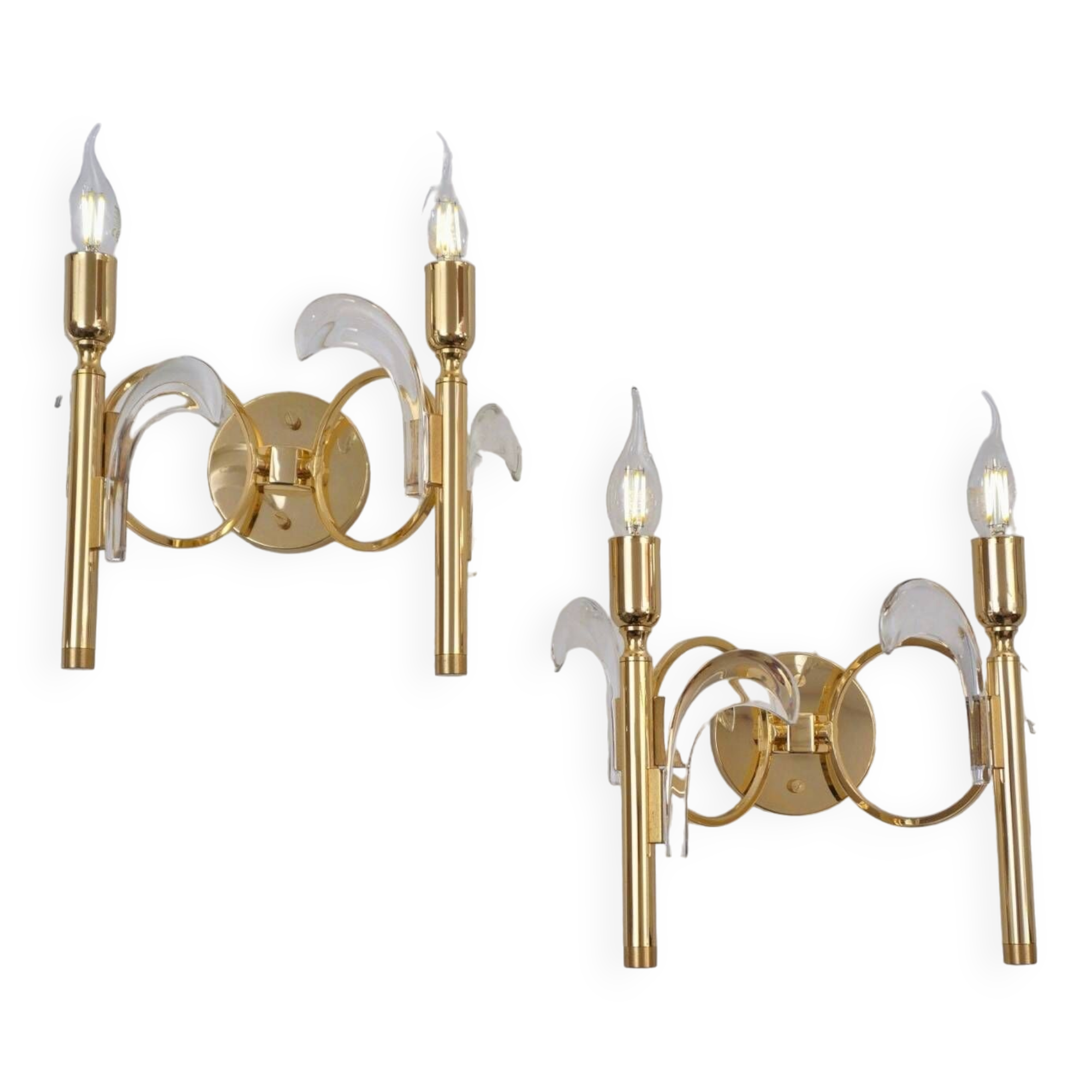 Paire d'appliques murales vintage en forme de palmier, cristal sur plaqué or, années 1970, italien