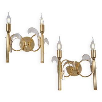 Pair vintage palm tree wall lights sconces, crystal on gold plated, 1970's ca Italian