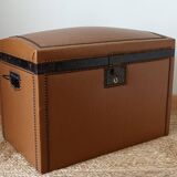 Vintage wooden and faux leather curved trunk