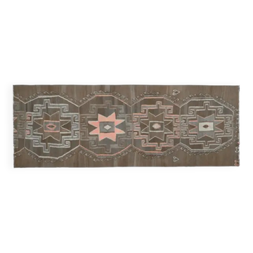 1970s vintage Turkish Oushak handmade wool cotton green runner rug 116x320
