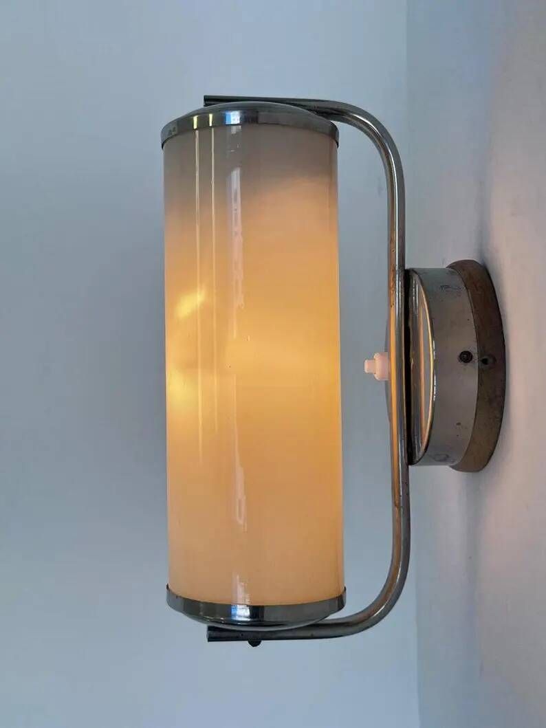 Bauhaus Chrome and milk glass Wall Lamp, 1940s - Czechoslovakia