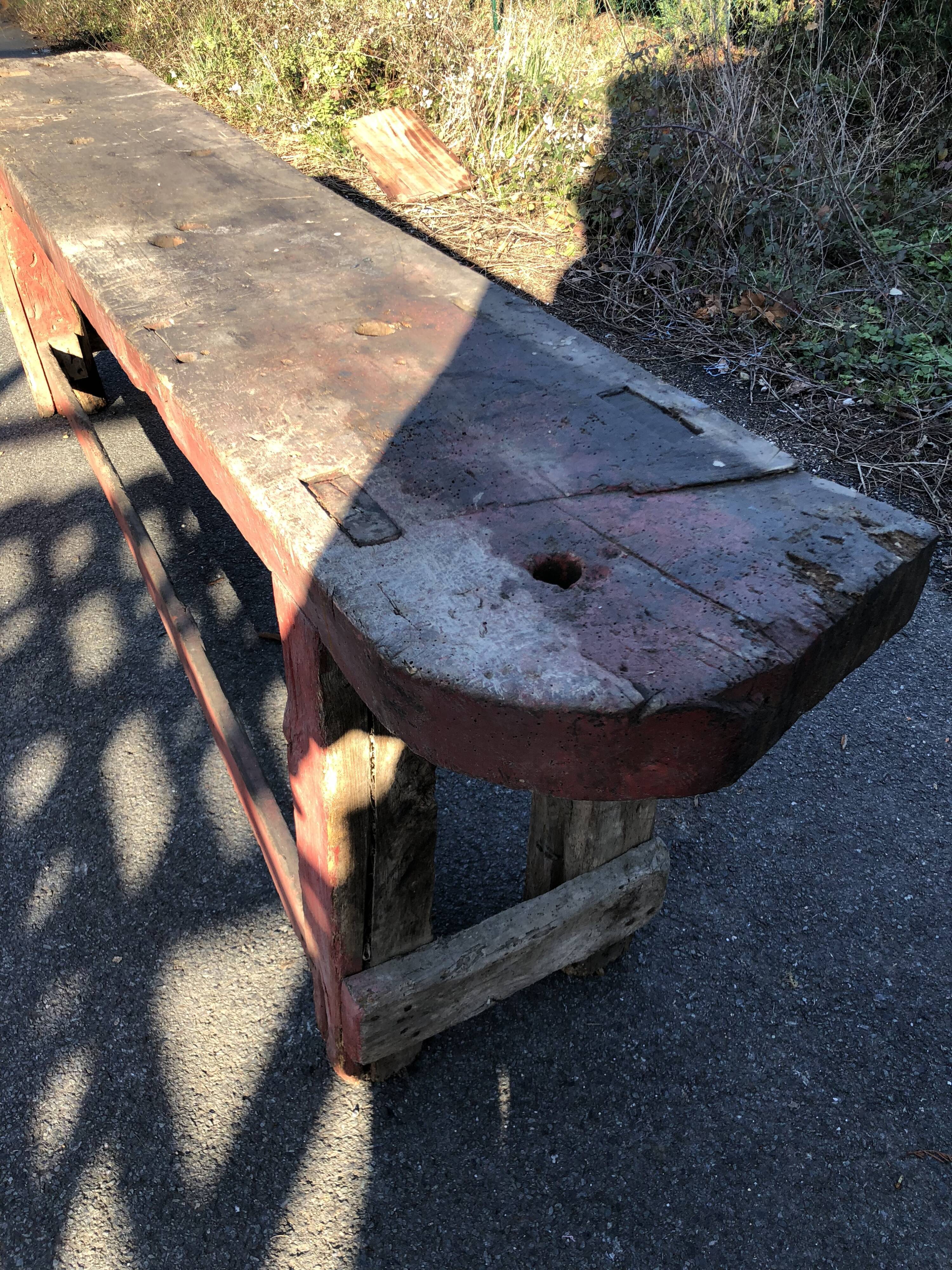 Old carpenter's workbench painted red