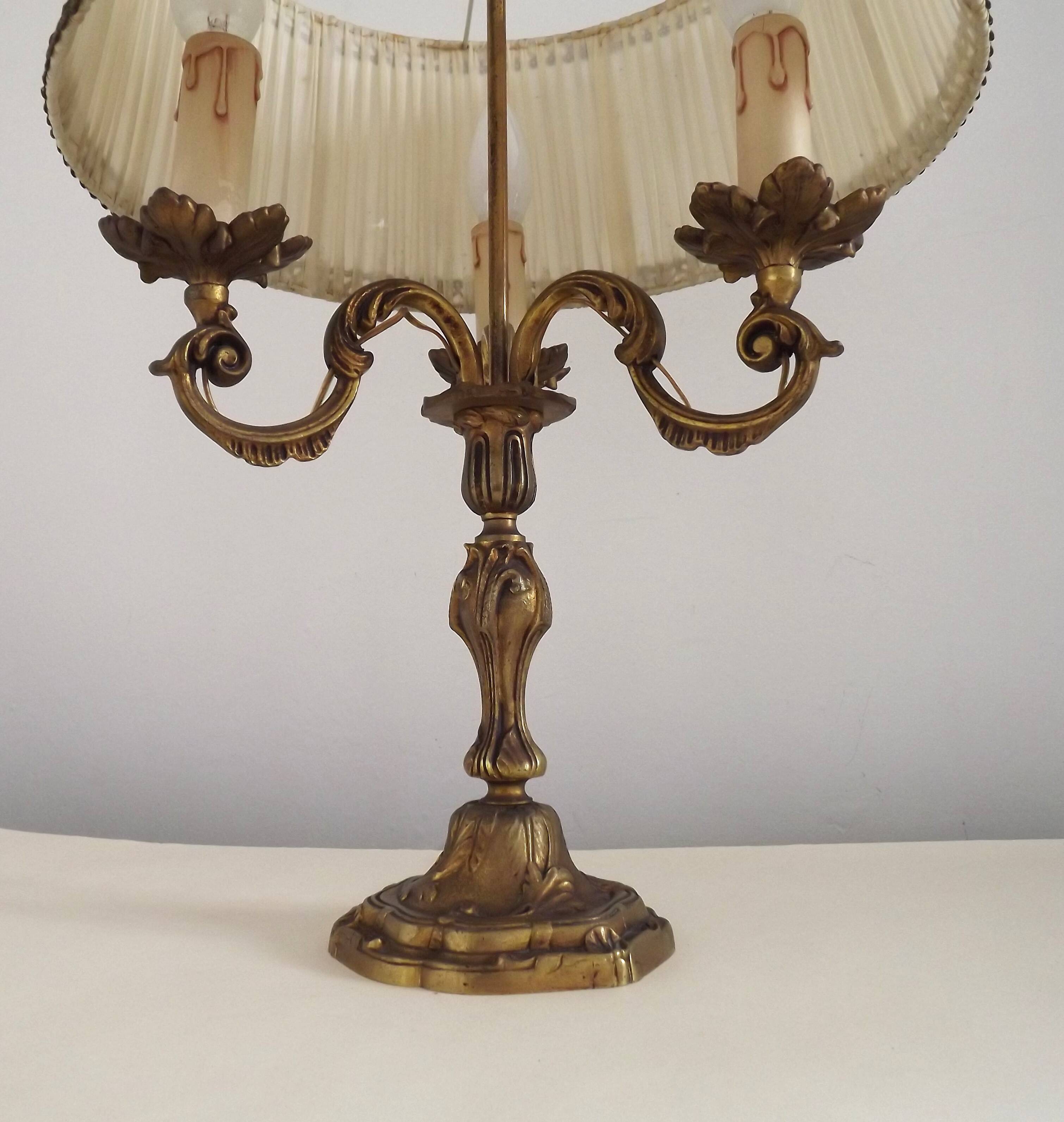 Bronze French Antique Art Nouveau 3-Light Candelabra Lamp Pleated Shade