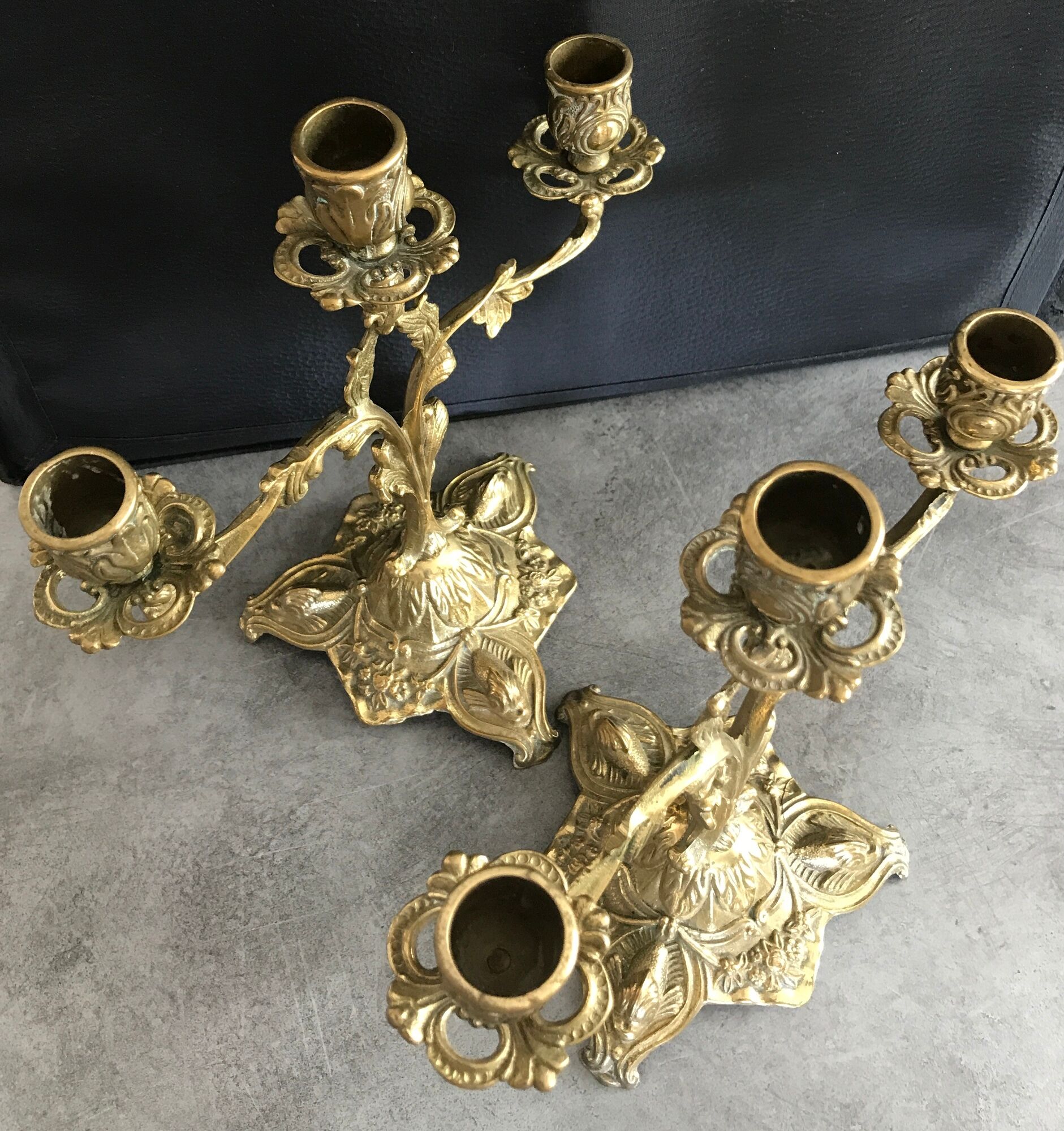 Pair of old candlesticks in bronze 3 lights rocaille style 28,5 cm