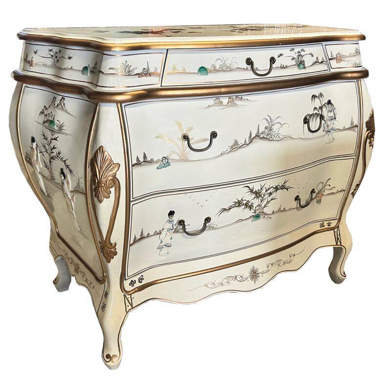 Commode chinoise laquée ivoire avec incrustations de geishas en nacre
