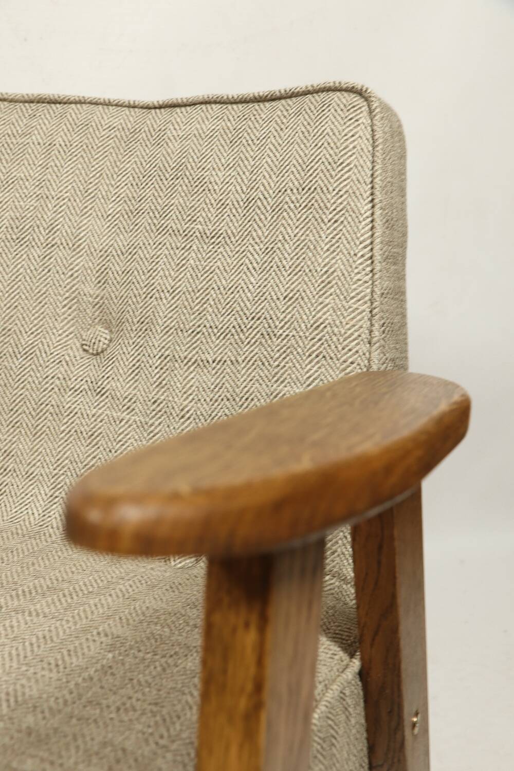 Vintage armchair in natural rustic oak wood herringbone fabric modern design by Chierovsky