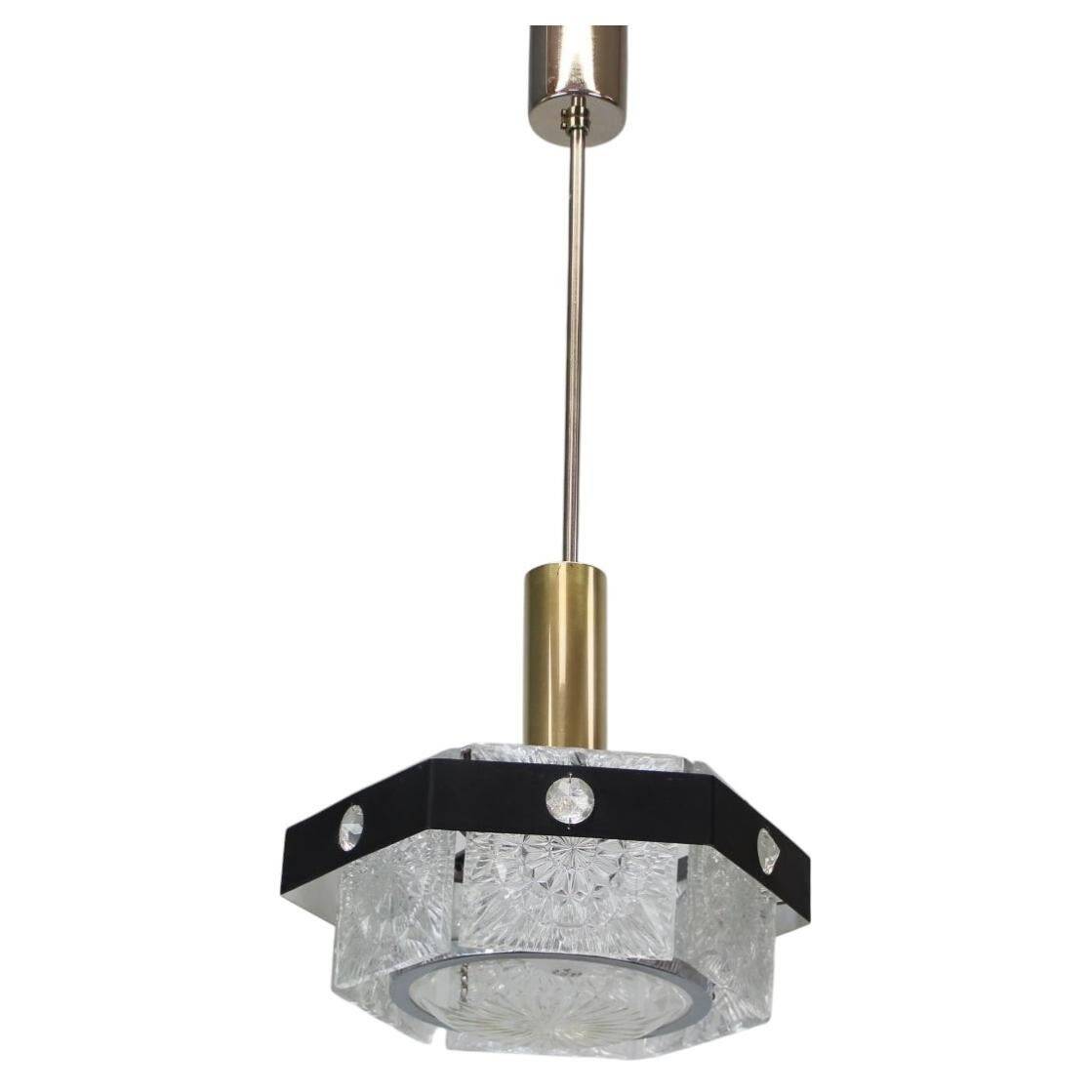 1970s Czechoslovak Kamenický Šenov Cut Glass and Chrome Pendant Light