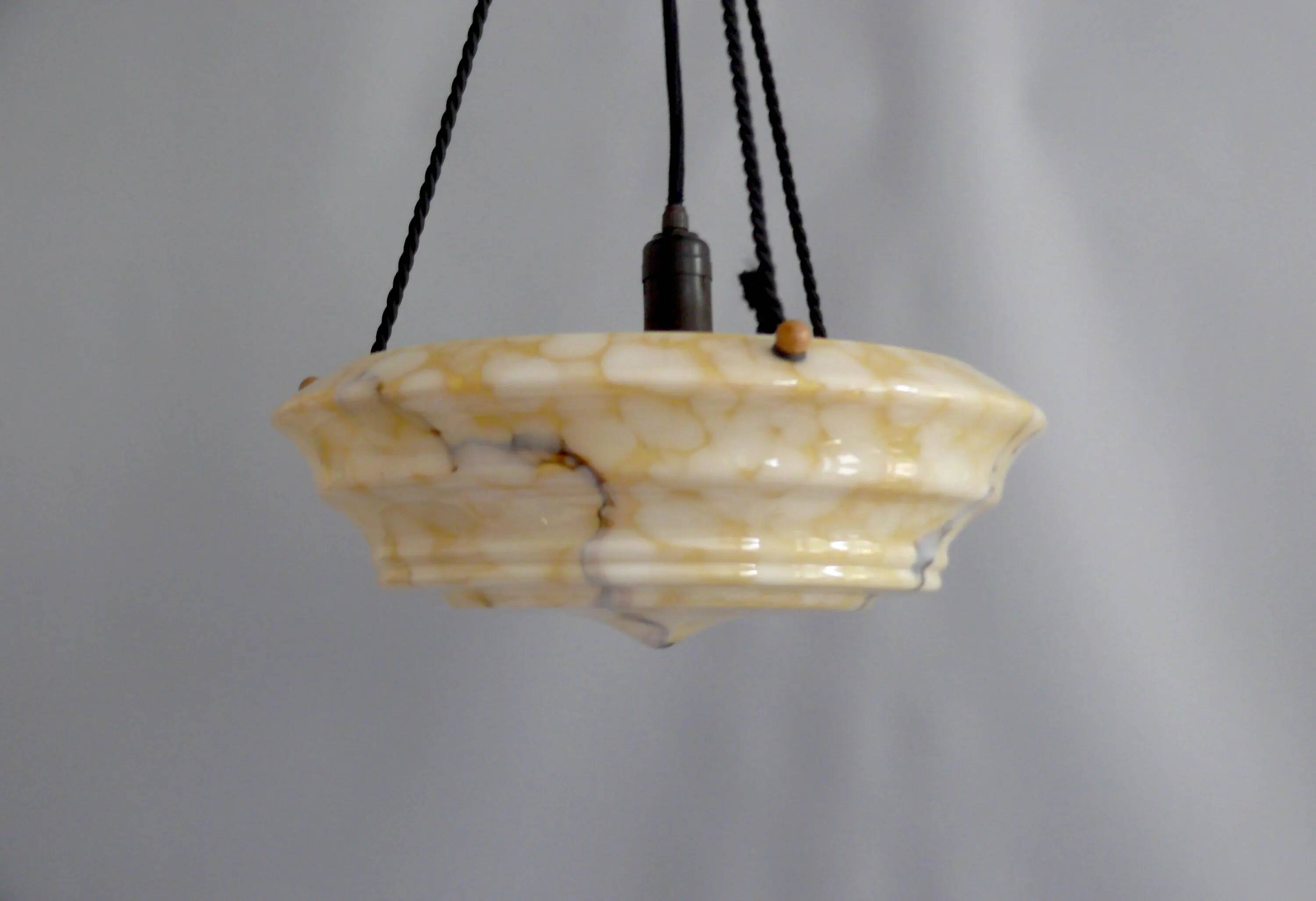 Large Art Deco Glass Pendant Light, Marbled with Rope Suspension, 1920s - 1930s