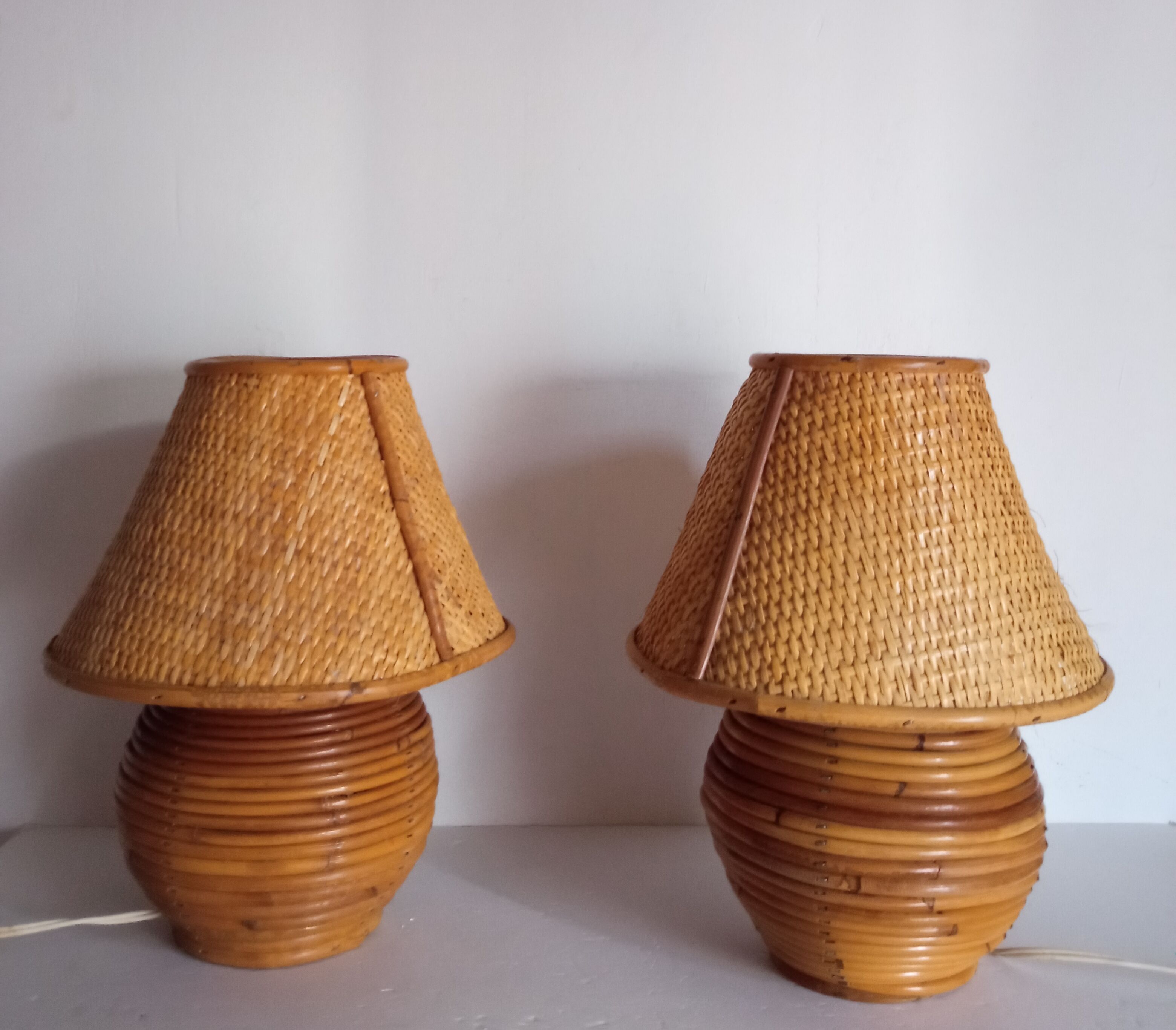 Pair of bamboo lamps and cannage
