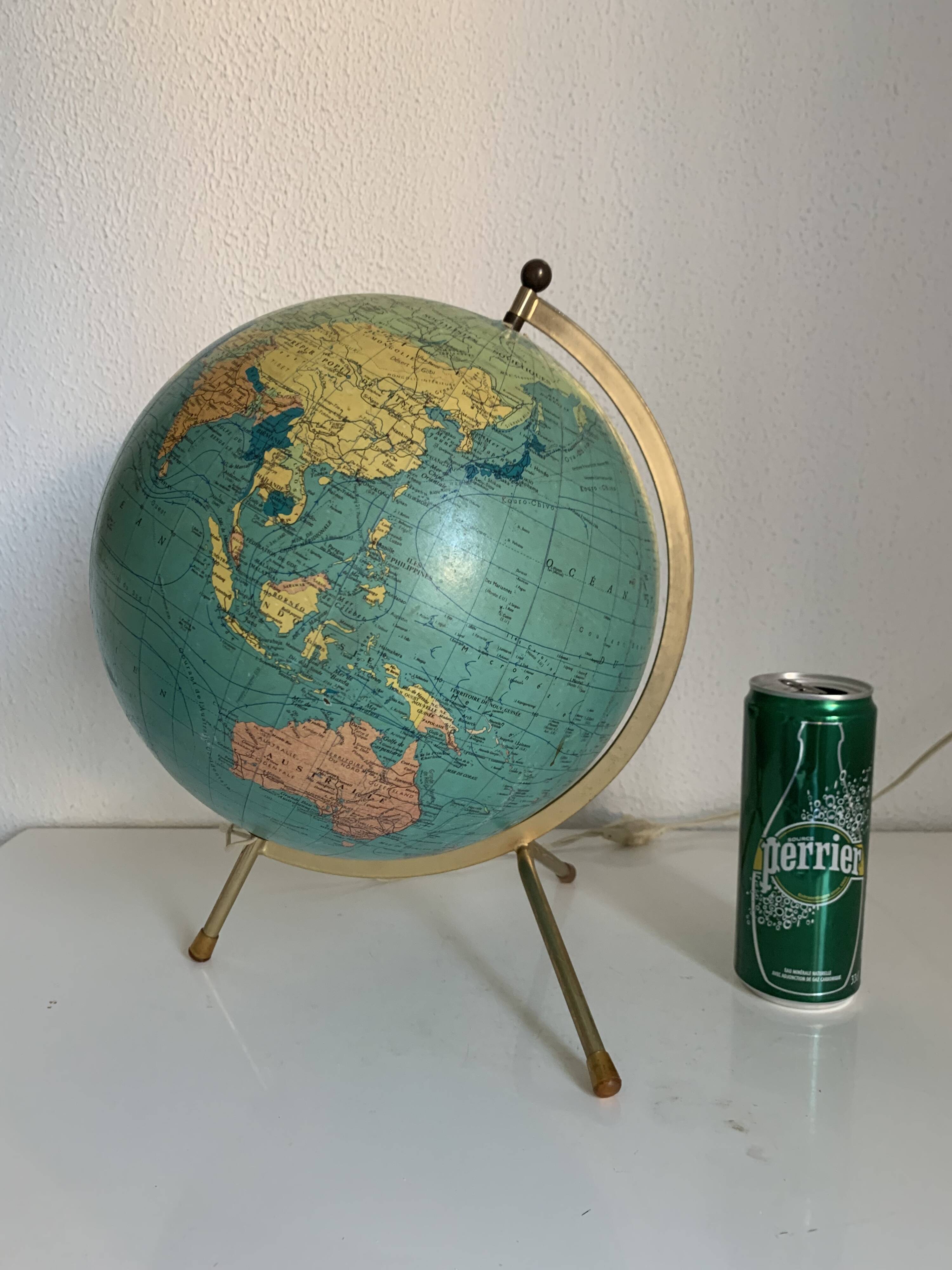Globe vintage 1969 terrestre tripode verre Taride mappemonde - 33 cm