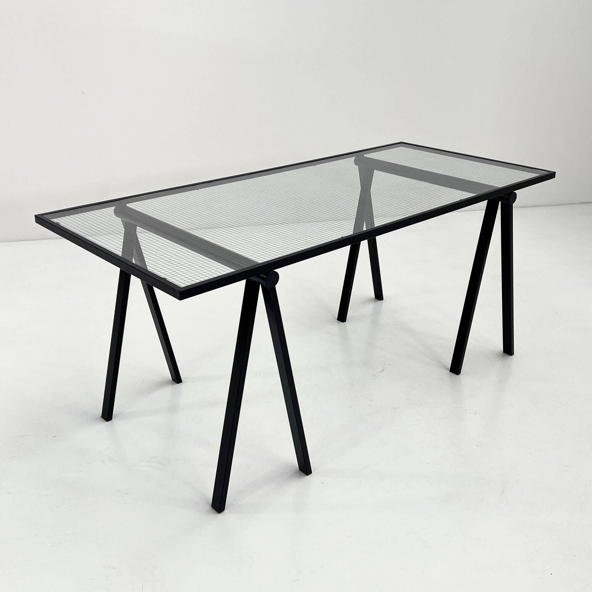 Trestle desk in glass and metal by Rodney Kinsman for Bieffeplast, 80