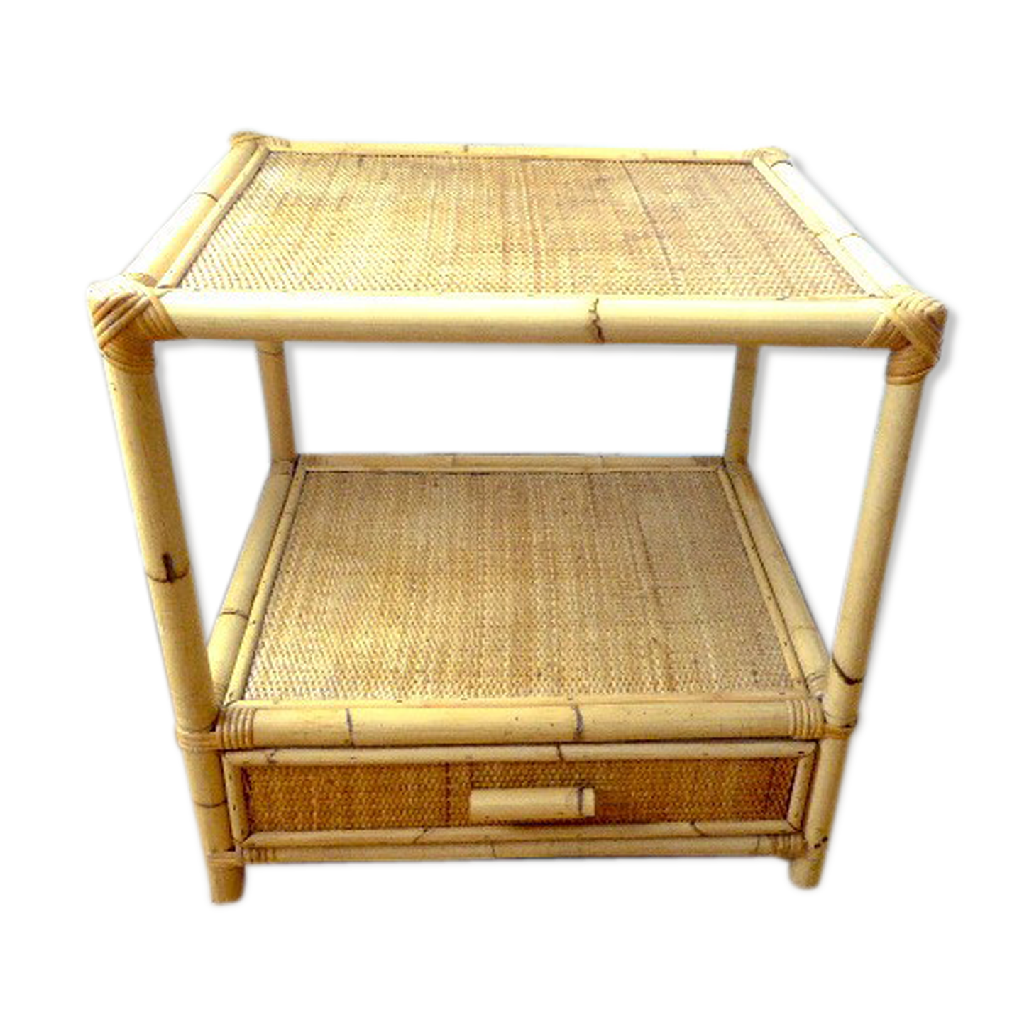 Vintage coffee table wood and blond rattan one drawer ca 1970