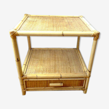 Vintage coffee table wood and blond rattan one drawer ca 1970