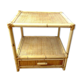 Vintage coffee table wood and blond rattan one drawer ca 1970