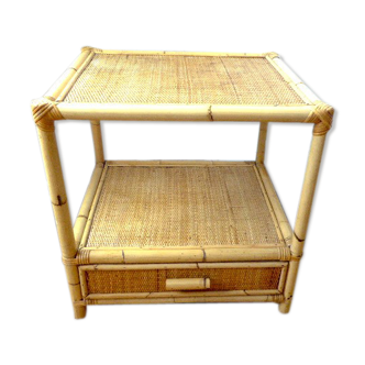 Vintage coffee table wood and blond rattan one drawer ca 1970