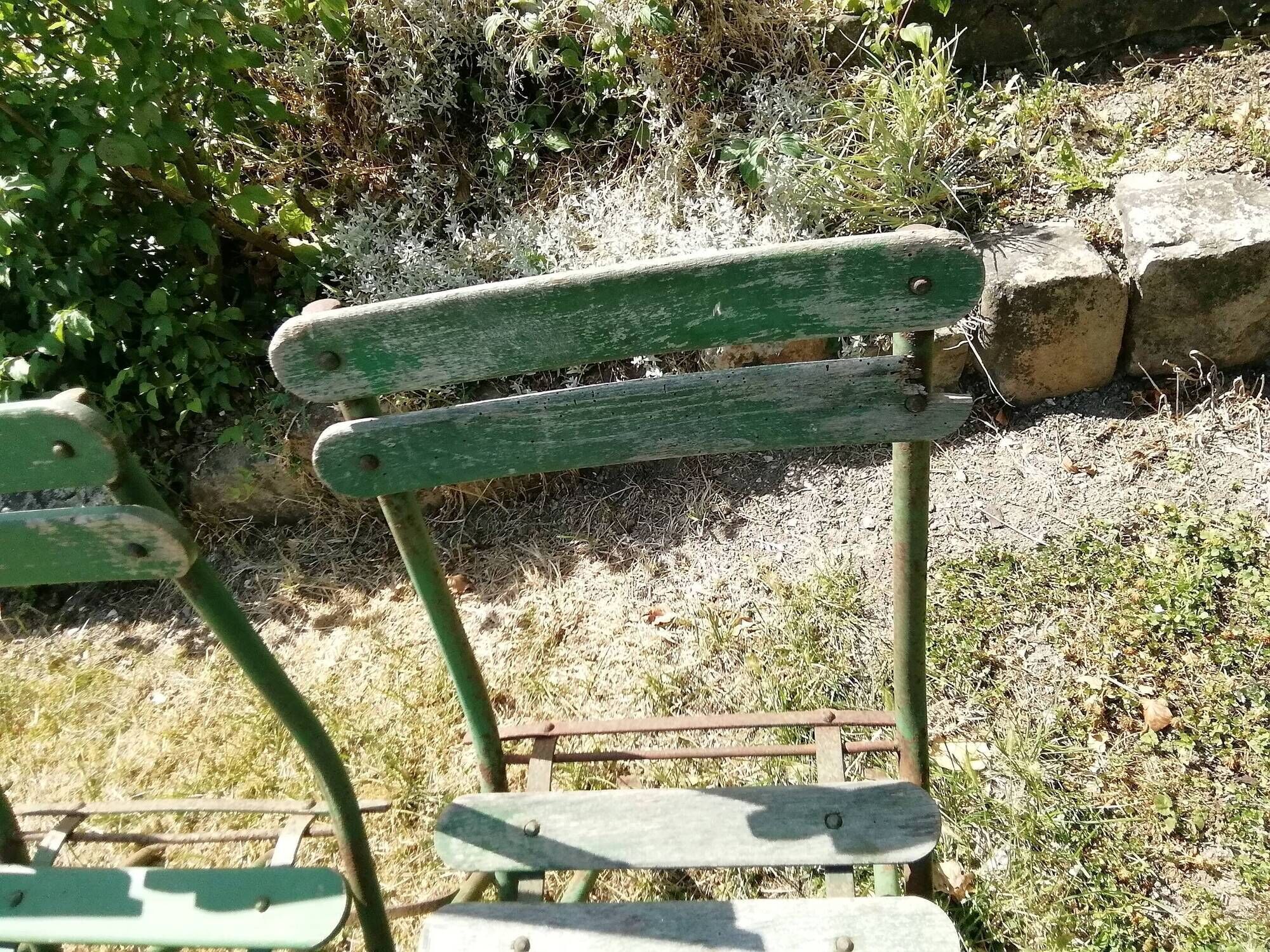 4 old iron and wood garden folding chairs