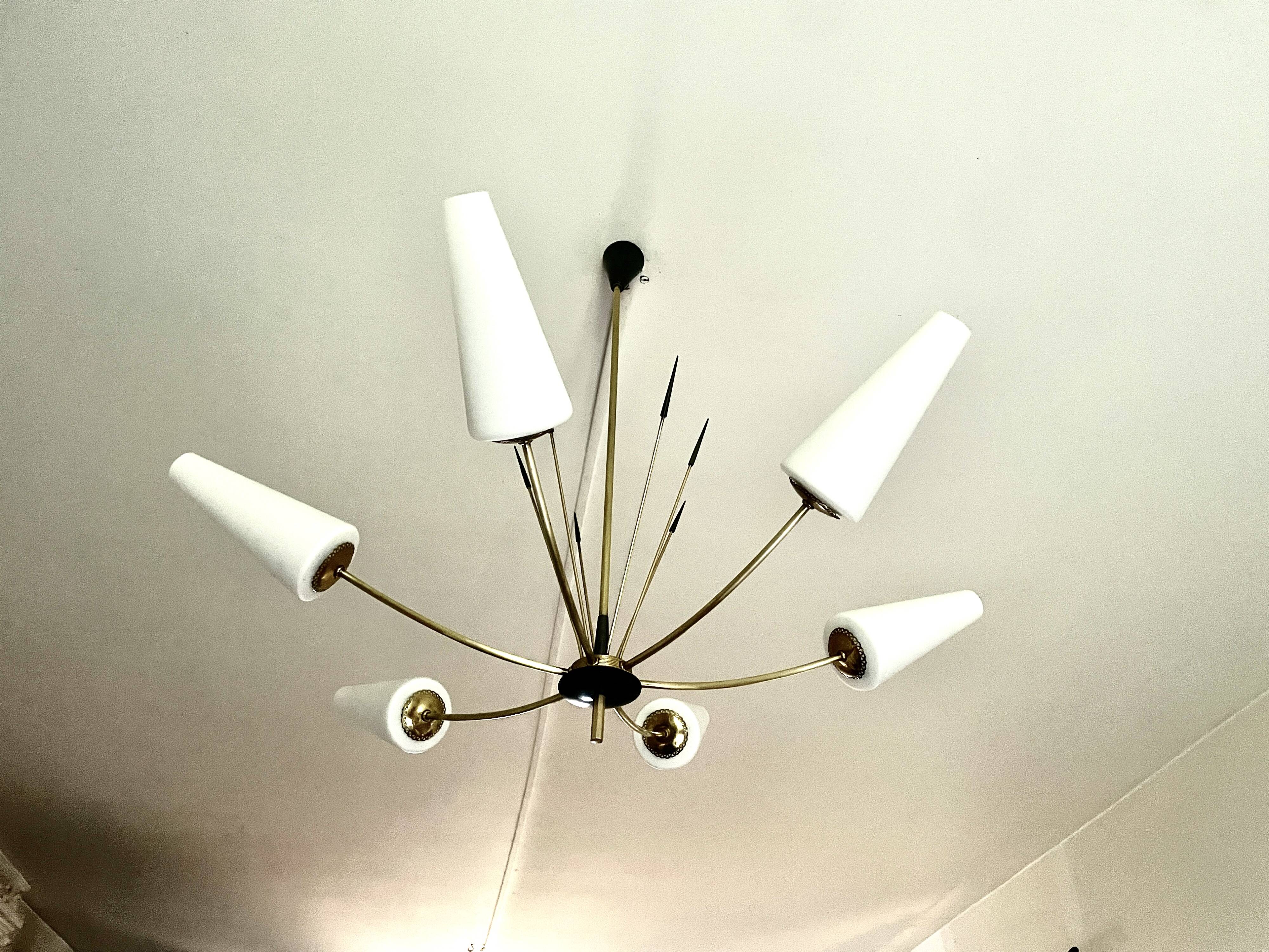 Large chandelier with 6 opaline tulip shades and 6 anthracite points, 1950