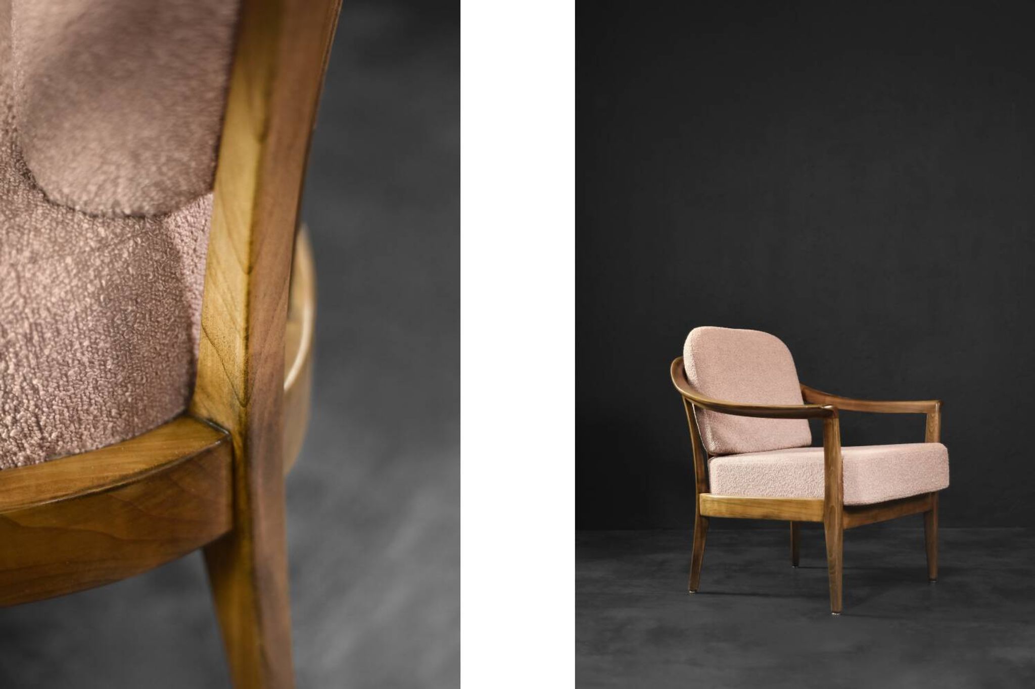 Pair of Mid-Century German Elegant Cherry Wood and Dusty Pink Fabric Armchairs