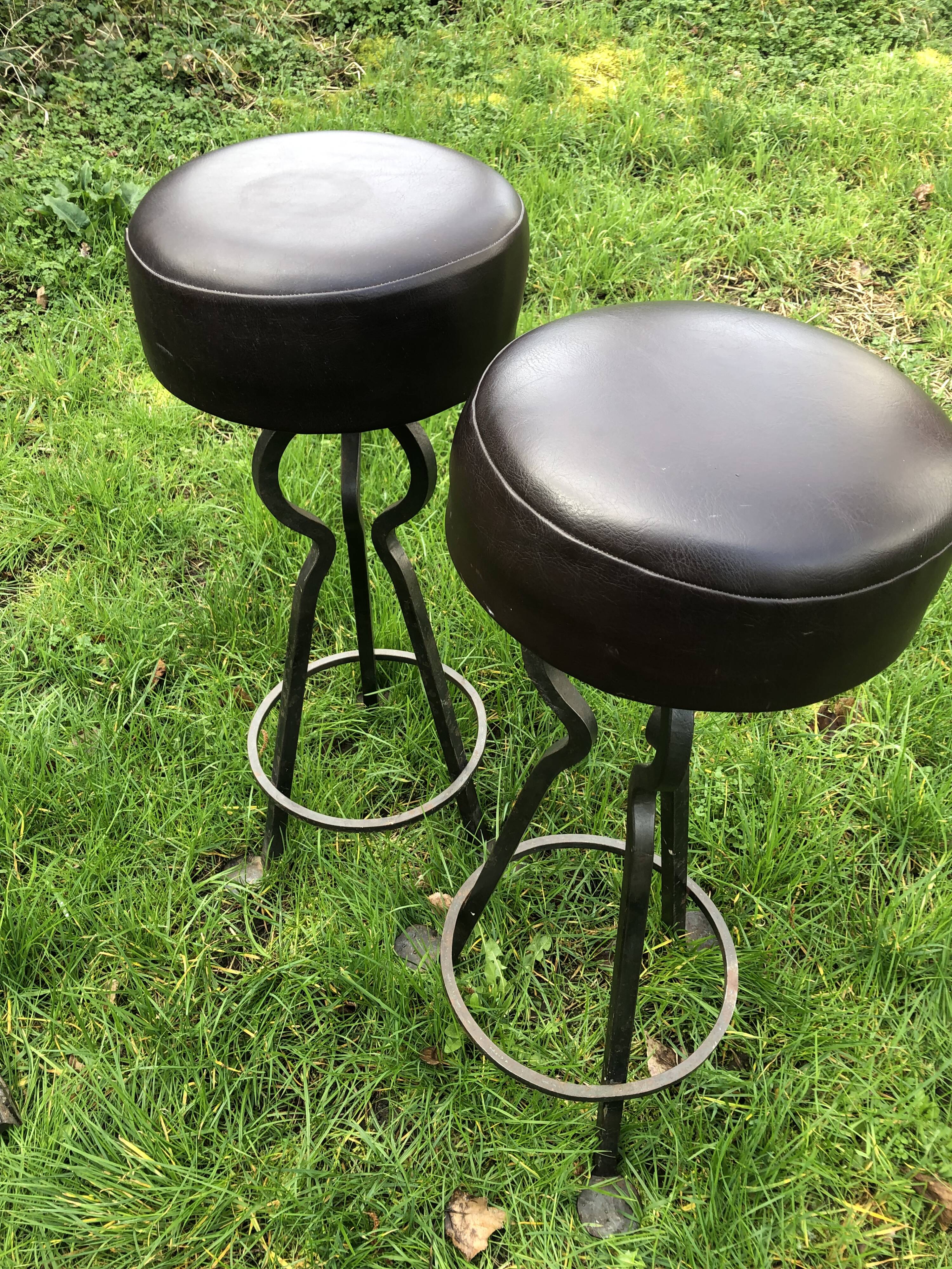 Vintage leather and wrought iron bar stools